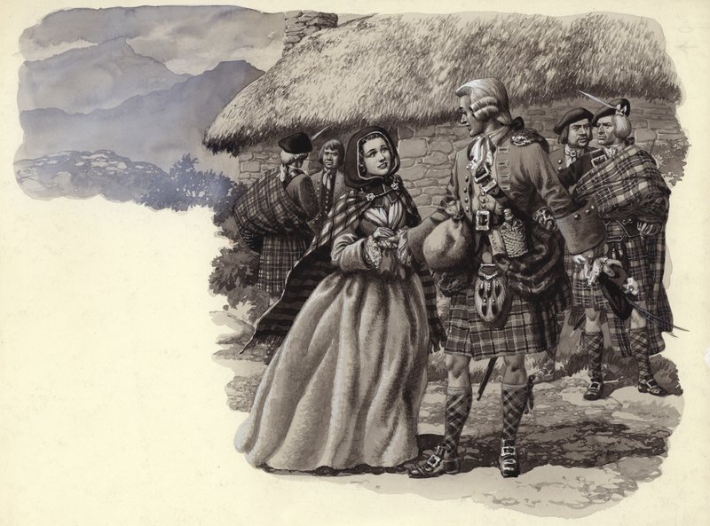 Prins Charles Stuart, den unge pretendenten, och Flora Macdonald (gouache på papper) av Pat (1907 95) Nicolle