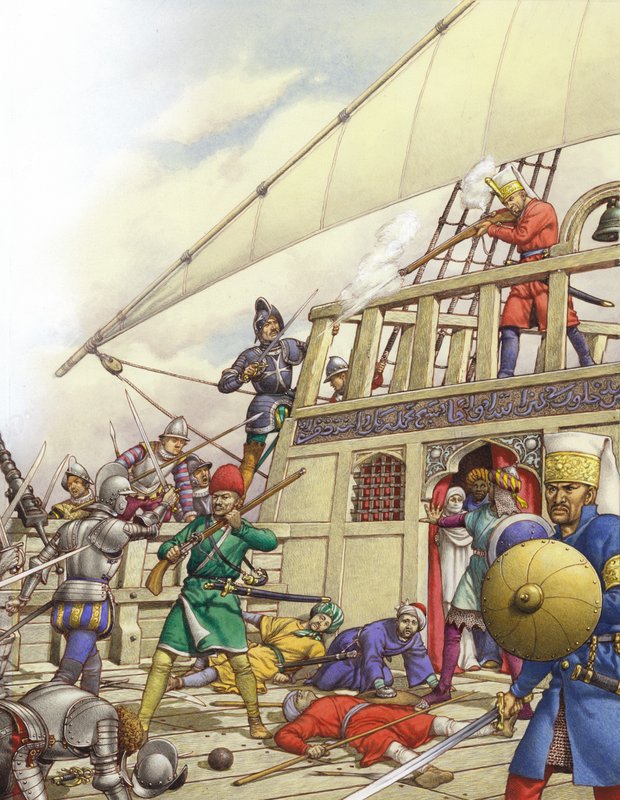 Johanniterriddarna beslagtog Turkiets finaste galär, Sultana (gouache på papper) av Pat (1907 95) Nicolle