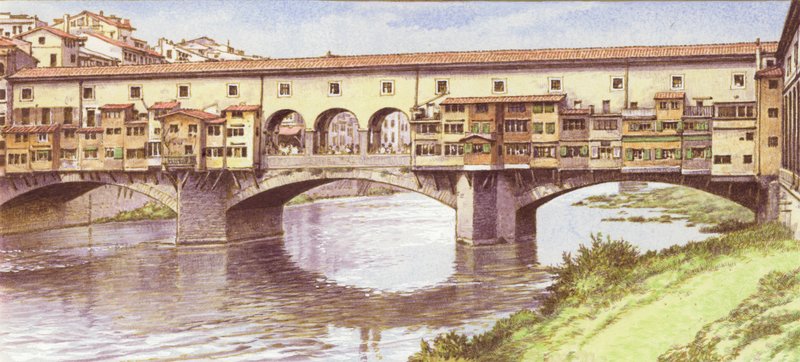 Ponte Vecchio som den såg ut på 1970-talet (gouache på papper) av Pat (1907-95) Nicolle