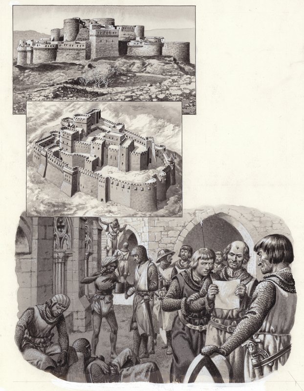 Fästningen Krak des Chevaliers (gouache på papper) av Pat (1907 95) Nicolle