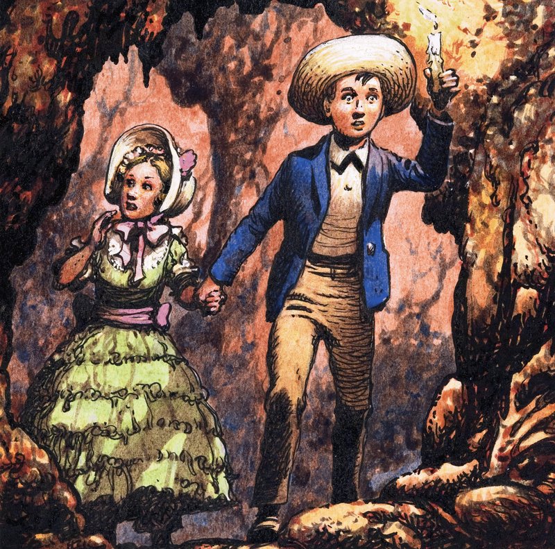 Oidentifierad pojke leder flicka genom grotta i skenet av stearinljus av Pat (1907 95) Nicolle