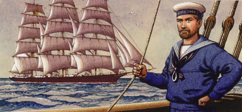 Välklädd sjöman och segelfartyg med fyrkantrigg (gouache på papper) av Pat (1907-95) Nicolle