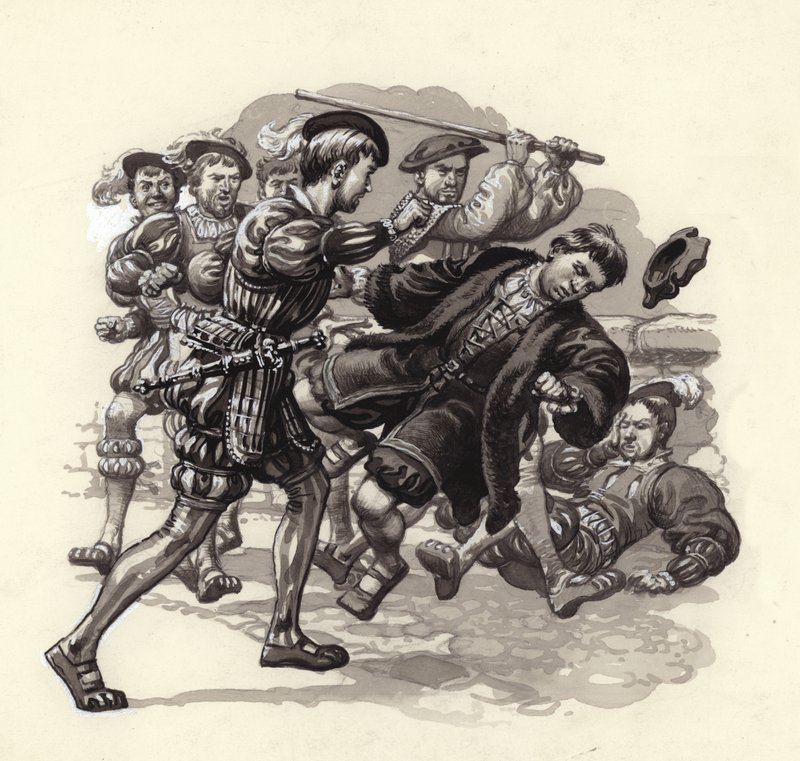 William Herbert attackerar en oskyldig förbipasserande i Bristol (gouache på papper) av Pat (1907 95) Nicolle