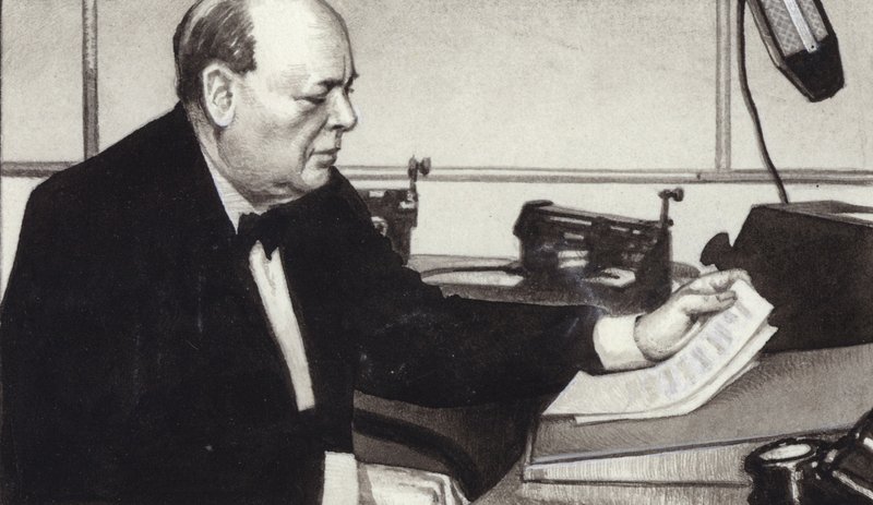 Winston Churchill gör en av sina berömda krigssändningar på radio (gouache på papper) av Pat (1907 95) Nicolle