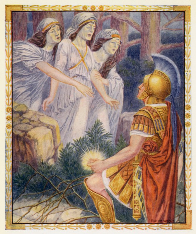 Perseus och de tre grå kvinnorna (färglitografi) av Patten (after) Wilson