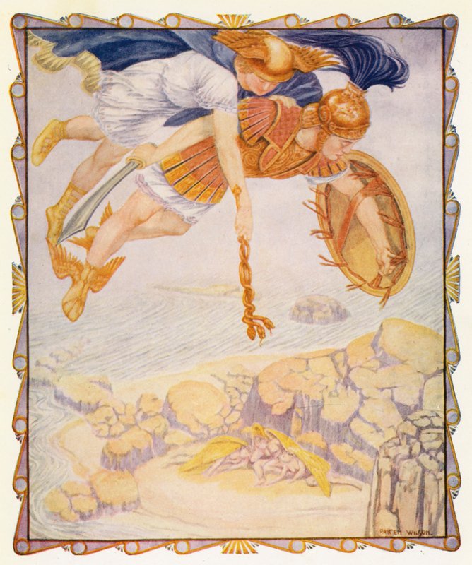 Perseus ser gorgonerna (färglitografi) av Patten (after) Wilson