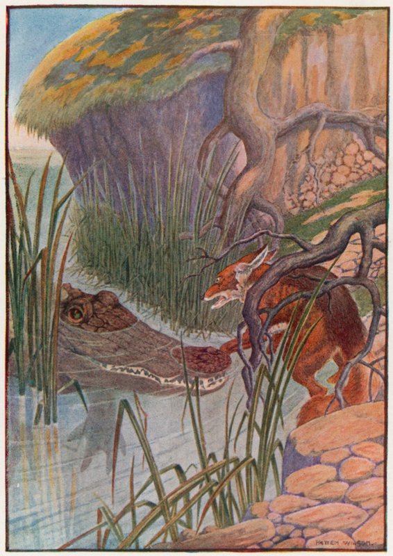 "Åh kära du! Den stora alligatorn har min tass i munnen!" (färg litho) av Patten Wilson
