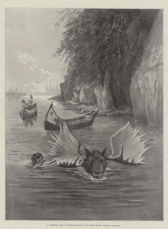 En Chinook-indian som jagar älg på Taku River, British Columbia av Paul Frenzeny