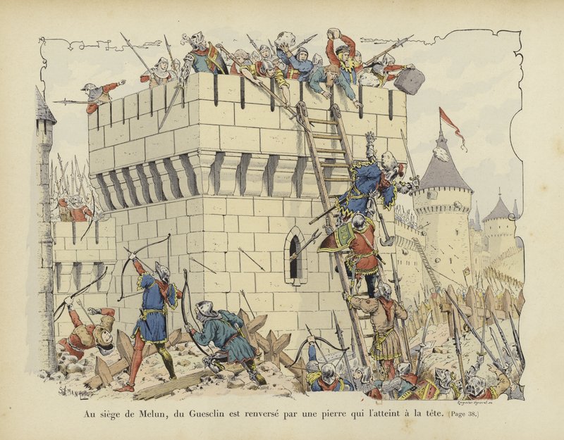 Bertrand du Guesclin slogs i huvudet av en sten vid belägringen av Melun, 1359 av Paul de Semant