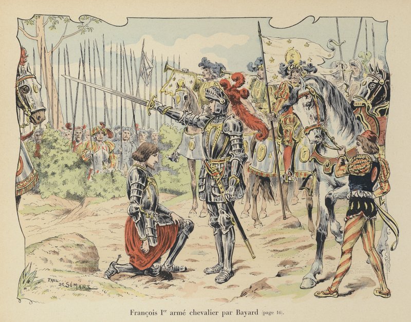 Kung Francis I av Frankrike adlad av Chevalier de Bayard efter slaget vid Marignano, Italien, 1515 av Paul de Semant