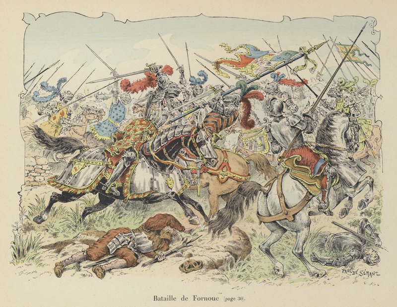 Chevalier de Bayard kämpar mot spanjorerna i slaget vid Fornovo, Italien, 1495 av Paul de Semant