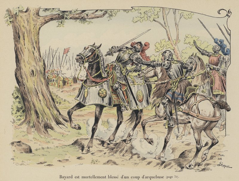 Chevalier de Bayard dödligt sårad av en arkebusboll i slaget vid Sesia, Italien, 1524 av Paul de Semant