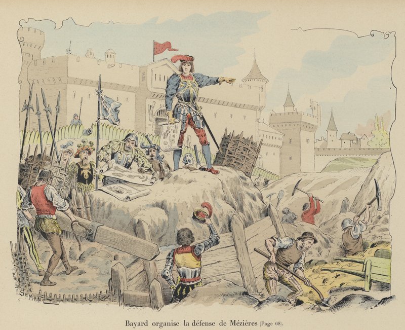 Chevalier de Bayard organiserar det franska försvaret vid belägringen av Mezieres, Frankrike, 1521 av Paul de Semant