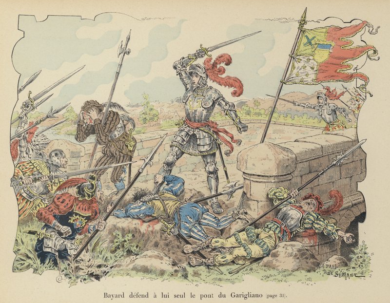 Chevalier de Bayard försvarar på egen hand Gariglianos bro mot spanjorerna, Italien, 1503 av Paul de Semant