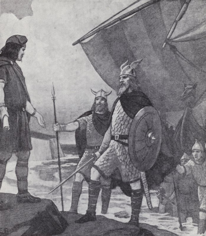 Bröderna Hengist och Horsa anländer till Ebbsfleet, Isle of Thanet, Kent, under invasionen av anglarna, saxarna och juterna på 500-talet (litho) av Paul (after) Hardy