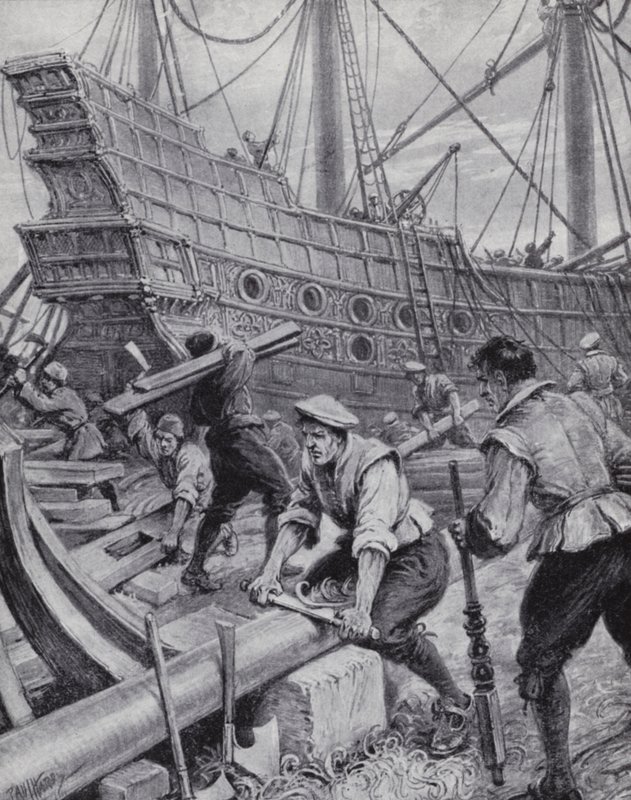 Byggnad av den engelska galjonen Ark Royal, flaggskeppet i kampen mot den spanska armadan 1588 (litho) av Paul (after) Hardy