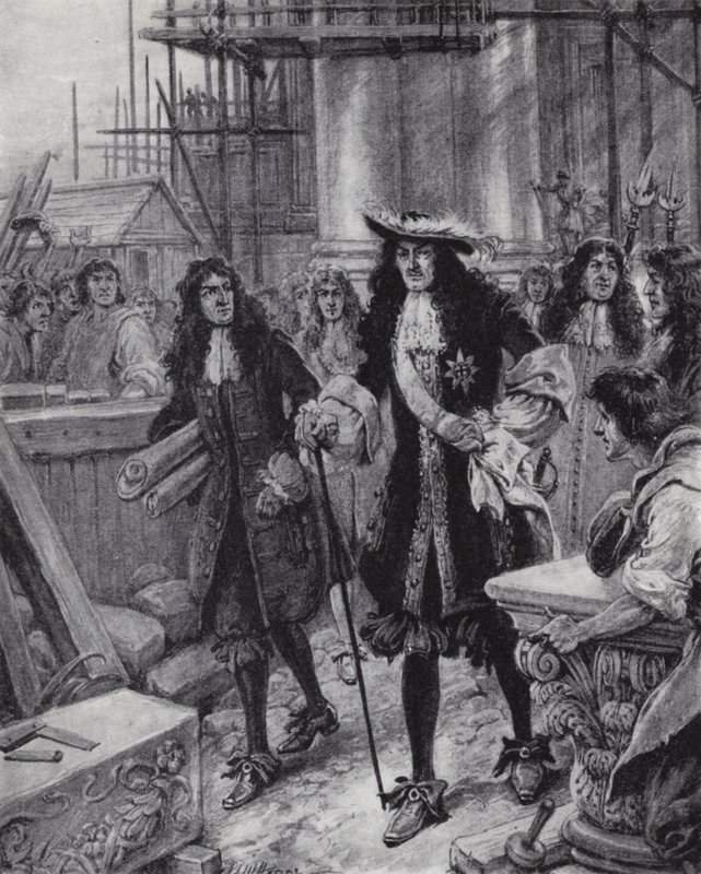 Kung Charles II övervakar återuppbyggnaden av St Pauls Cathedral efter den stora branden i London av Paul (after) Hardy