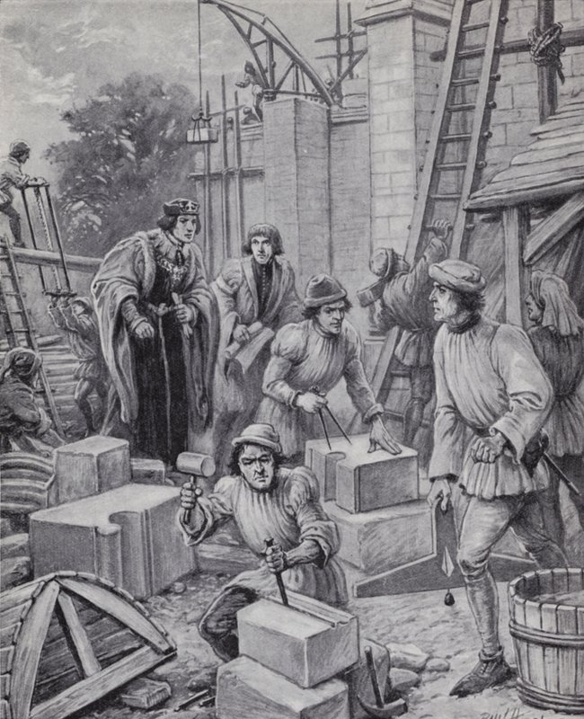 Kung Henry VI övervakar byggnaden av Eton College som han grundade 1440 (litho) av Paul (after) Hardy