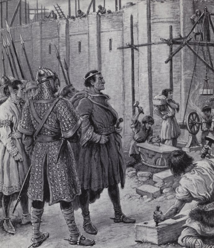 Vilhelm Erövraren övervakar byggnaden av Tower of London (litho) av Paul (after) Hardy