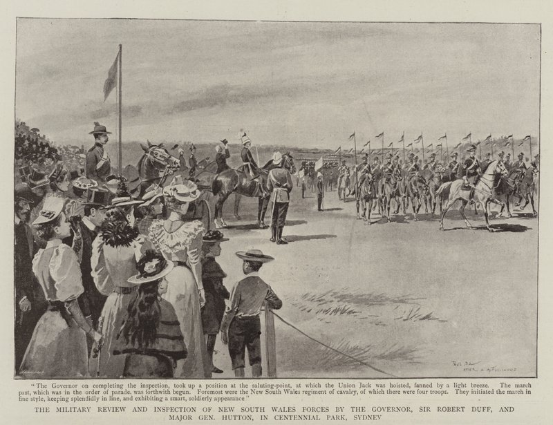 Den militära granskningen och inspektionen av New South Wales styrkor av guvernören Sir Robert Duff och generalmajor Hutton i Centennial Park, Sydney av Paul Destez
