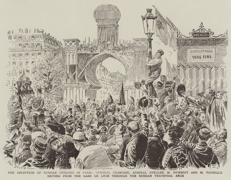 Mottagandet av ryska officerare i Paris, general Chanoine, amiral Avellan, M Humbert och M Poubelle som kör från Gare de Lyon genom den ryska triumfbågen av Paul Destez