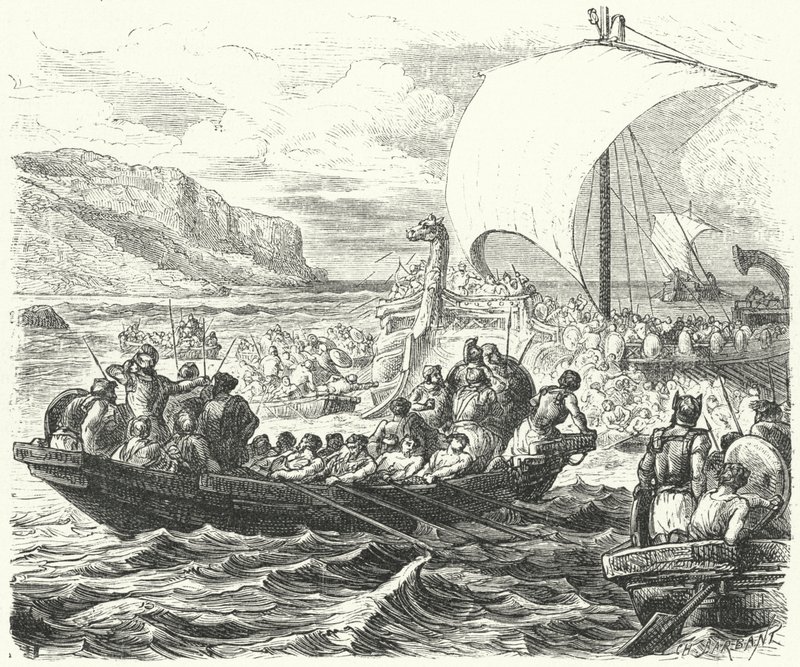 Feniciska fartyg som landar på en kust (gravyr) av Paul Dominique Philippoteaux