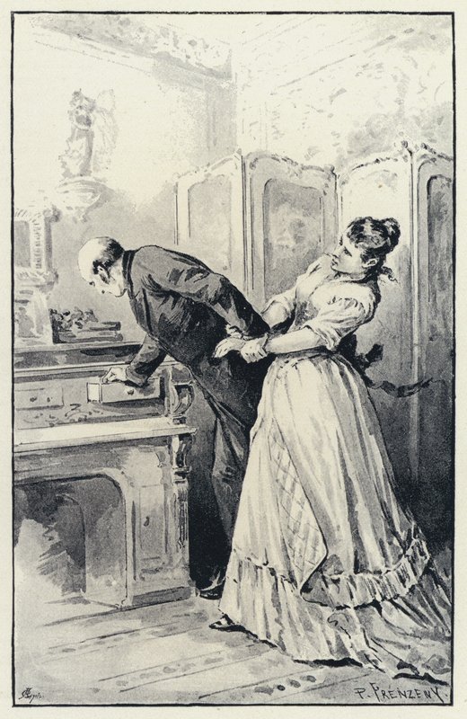 Illustration för Anna Karenina: Karenina tar sin frus brev i besittning (litho) av Paul Frenzeny