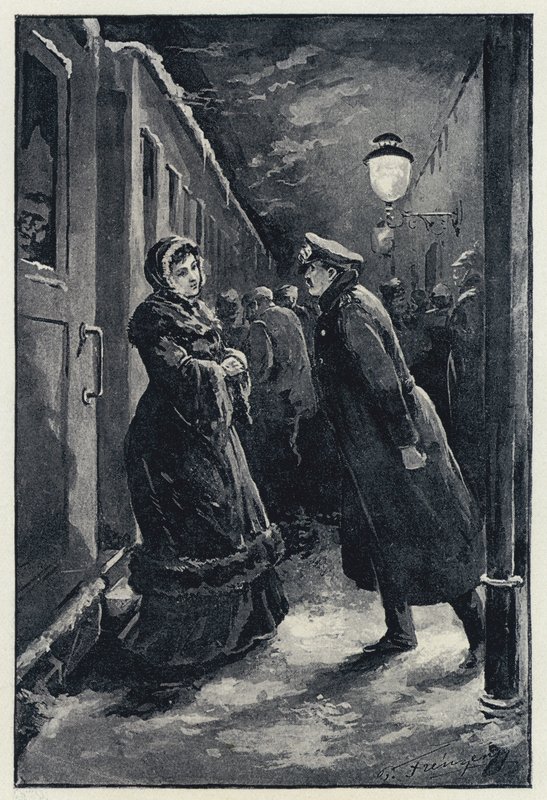 Illustration för Anna Karenina: Vronsky möter Anna på stationen (litho) av Paul Frenzeny