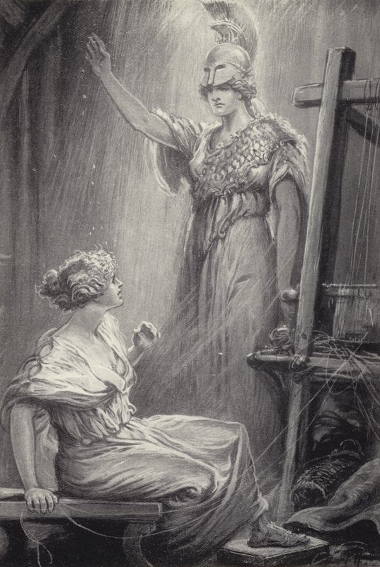 Athene och Arachne av Paul Hardy
