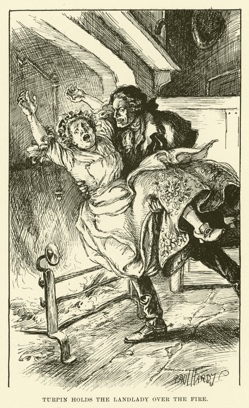 Turpin håller värdinnan över elden (gravyr) av Paul Hardy