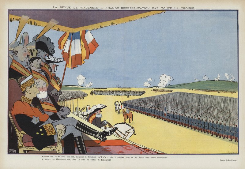 Besök av Spaniens kung Alfonso XIII i Paris: militärparad i Vincennes. Illustration för Le Rire av Paul Iribe