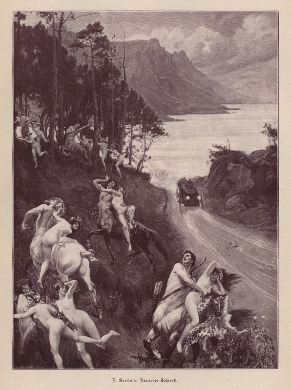 Satyrer och nymfer skrämda av en bil (gravyr) av Paul Jean Gervais