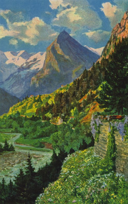 Schweiziska spa: Acquarossa, utsikt över Bleniodalen (färg litho) av Paul Kutscha