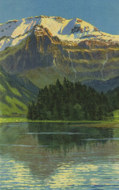 Swiss Spa: Lenk i S, Lake of Lenk och Wildstrubel (färg litho) av Paul Kutscha