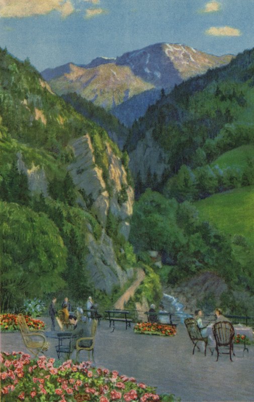 Swiss Spa: Passugg, Kurhaus Garden Terrace (färg litho) av Paul Kutscha