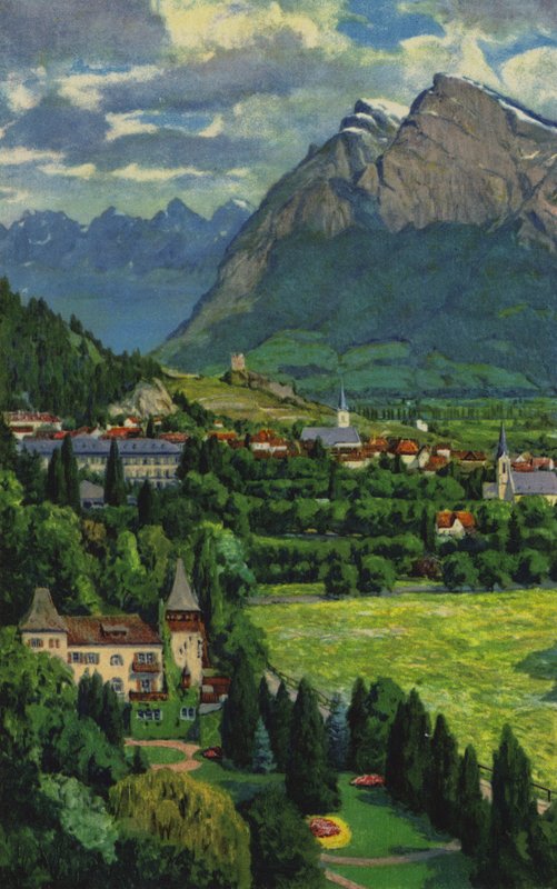 Swiss Spas: Ragaz, med Churfirsten och Gonzen (färg litho) av Paul Kutscha