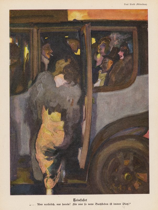 Kvinna sätter sig i en bil för hemresan efter en utekväll (färg litho) av Paul Rieth