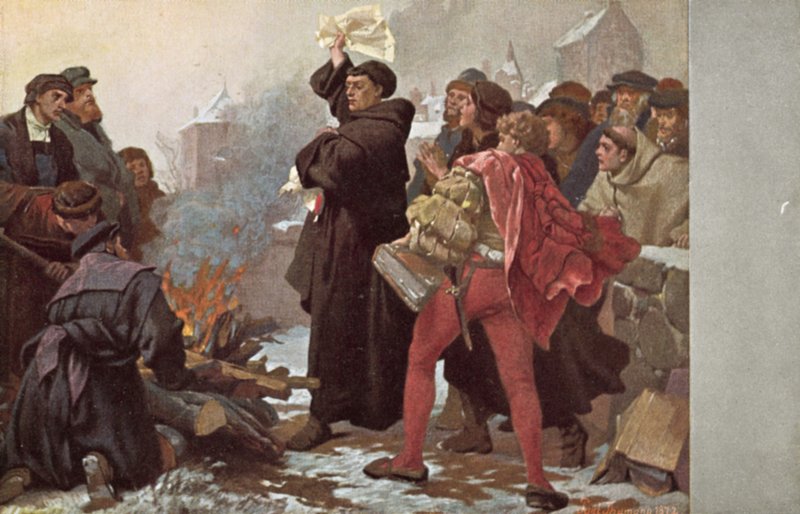 Martin Luther bränner den påvliga tjuren och hotar honom med bannlysning inför Elstertor i Wittenberg, Tyskland, 10 december 1520 av Friedrich Paul Thumann