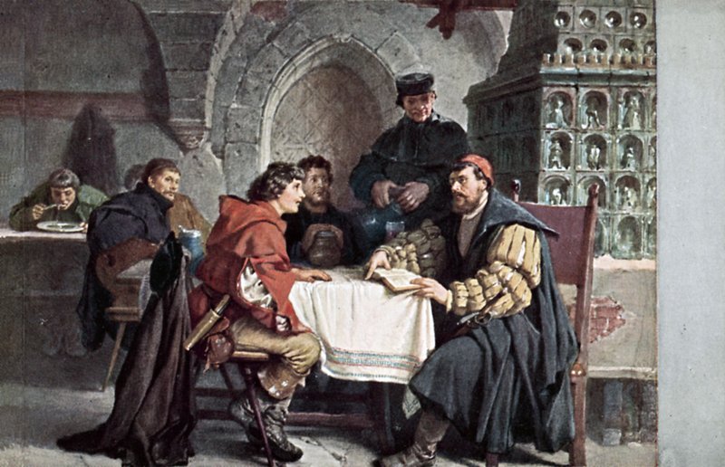 Martin Luther i samtal med studenter i Gasthof der Baren, Jena, Tyskland, mars 1522 av Friedrich Paul Thumann
