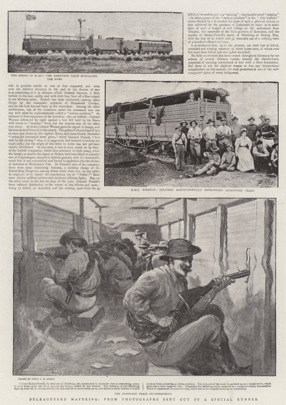 Belägrade Mafeking, från fotografier som skickats ut av en speciell löpare av Percy F.S. Spence