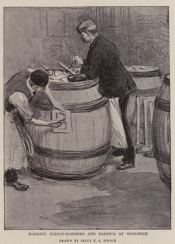 Markering av slägghammare och tunnor vid Woolwich av Percy F.S. Spence