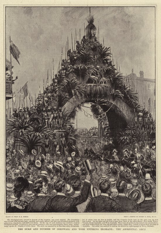 Hertigen och hertiginnan av Cornwall och York på väg in i Brisbane, Aboriginal Arch av Percy F.S. Spence