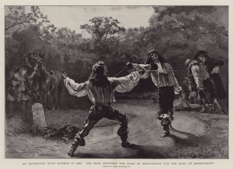 Ett möte med Rapiers 1668, duellen mellan hertigen av Buckingham och jarlen av Shrewsbury av Percy Macquoid