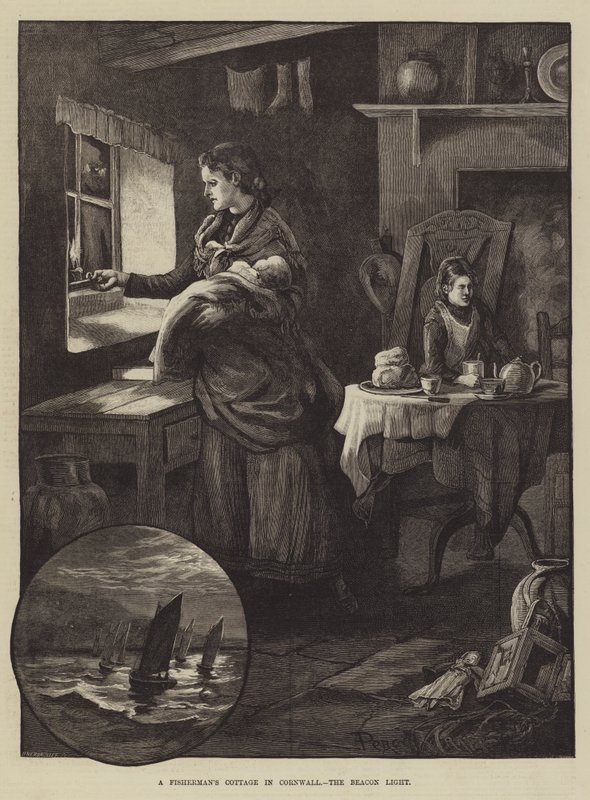 En fiskarstuga i Cornwall, fyrljuset av Percy Robert Craft