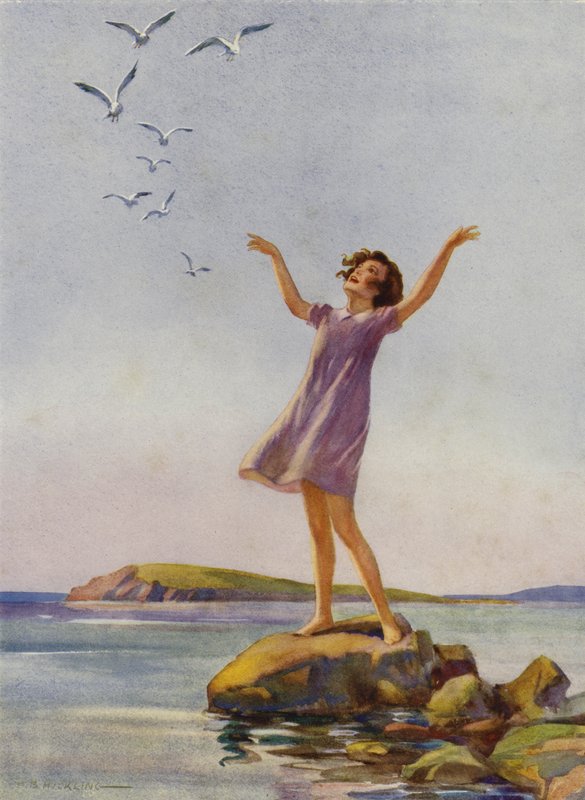 Flicka som njuter av solskenet vid havet (färg litho) av Percy Bell Hickling