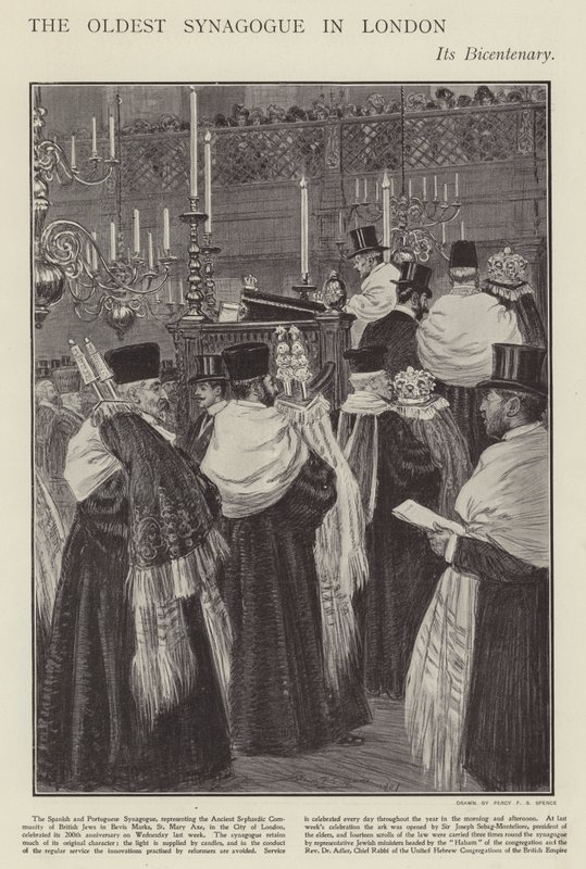 Tvåhundraårsjubileum för den spanska och portugisiska synagogan, den äldsta synagogan i London (litho) av Percy F.S. (after) Spence