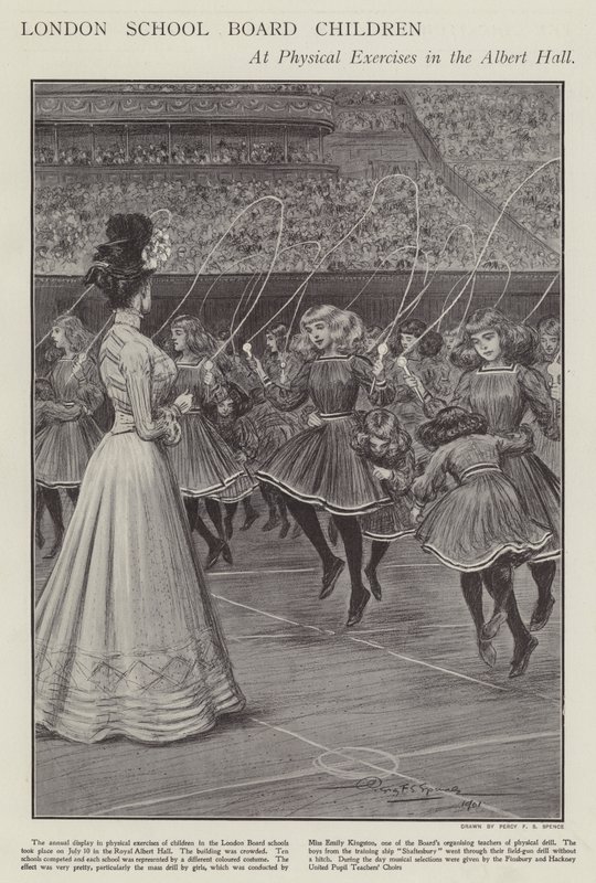 London School Board-barn vid fysiska övningar i Albert Hall (litho) av Percy F.S. (after) Spence