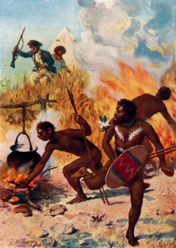 De australiensiska infödingarna på Captain Cooks tid (färg litho) av Percy F.S. (after) Spence