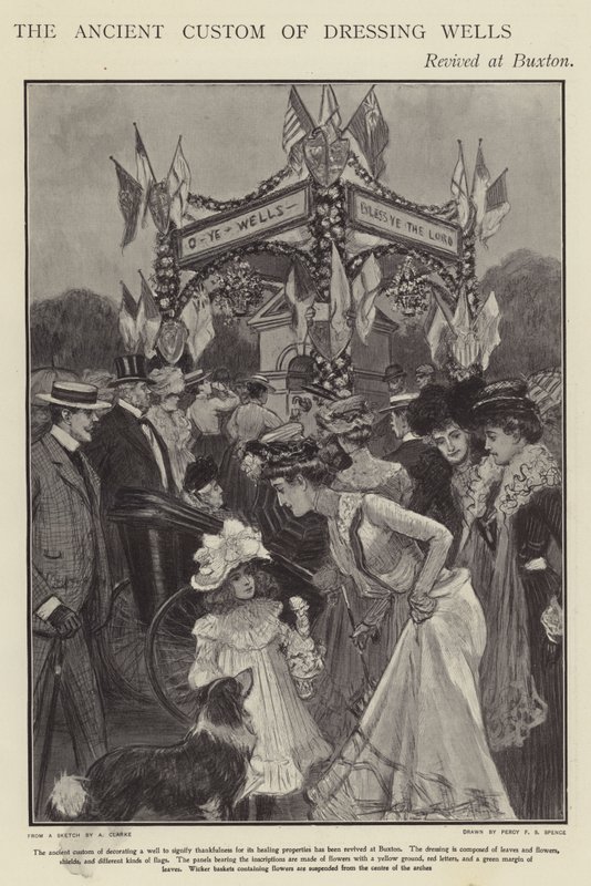 Den uråldriga seden att putsa brunnar återupplivades i Buxton, Derbyshire (litho) av Percy F.S. (after) Spence