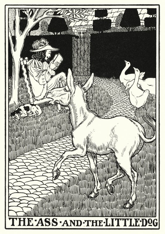 Fables of La Fontaine: The ass and the little dog (litho) av Percy James Billinghurst